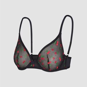 Sheer Black Bra with Red Cherry Embroidery